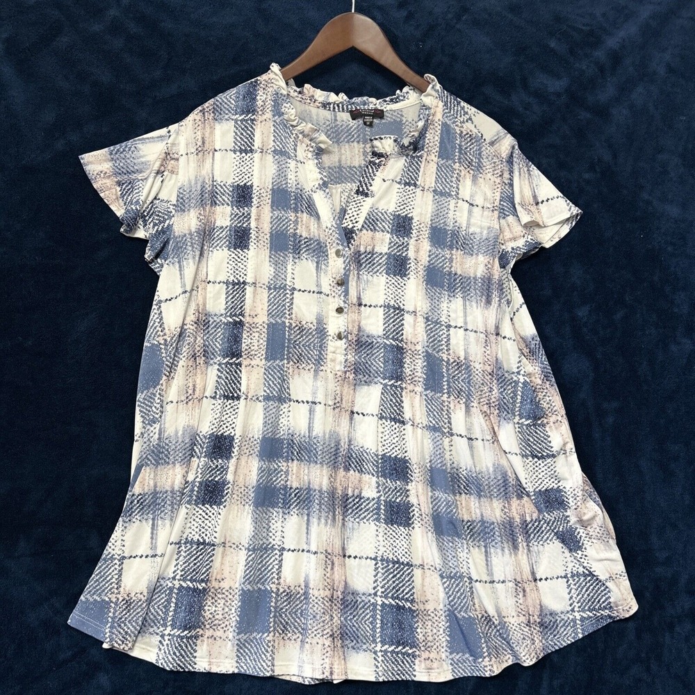 Cocomo Woman Stretchy Top Size 3X Short Sleeve Plaid‎ Babydoll